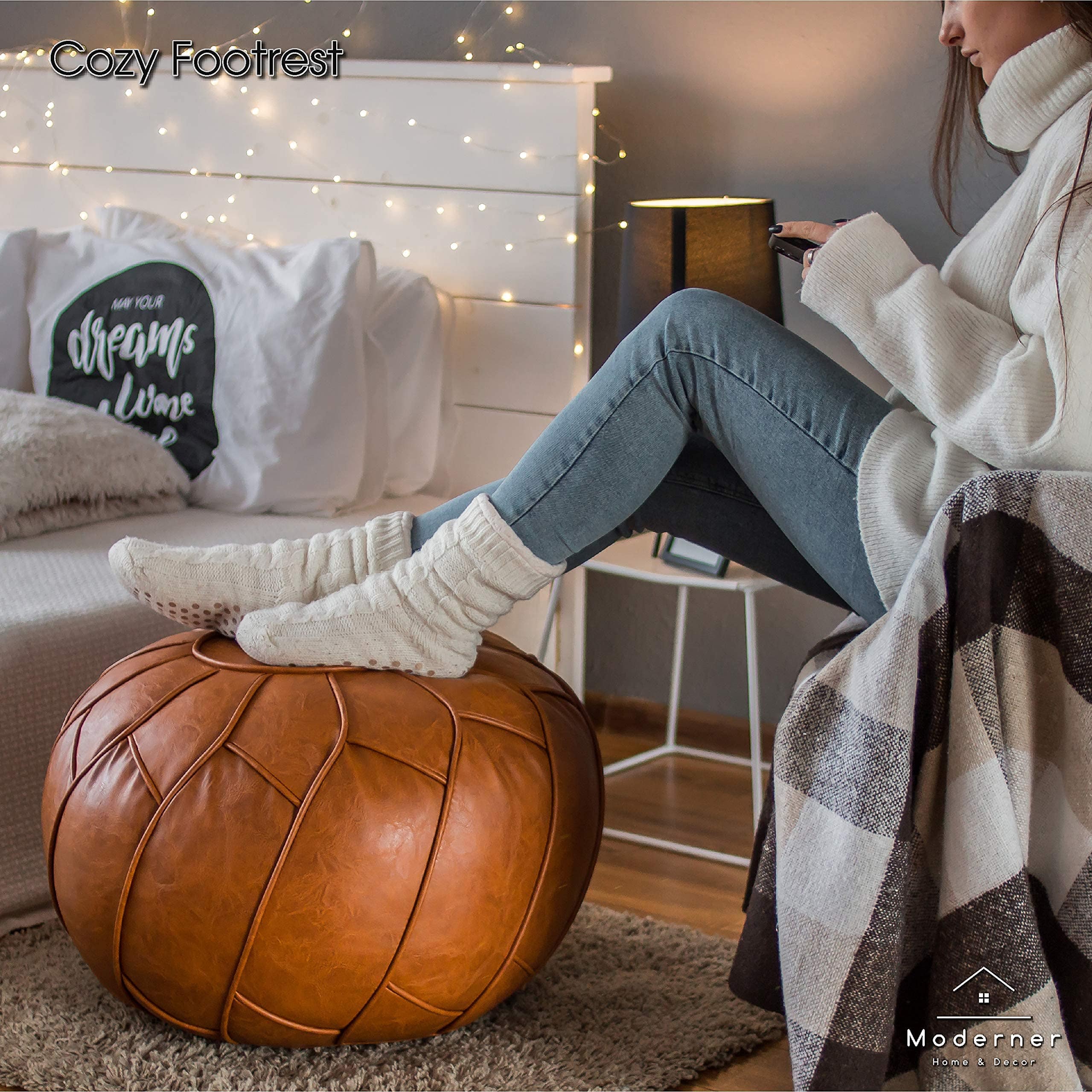 Unstuffed Faux Leather Pouf Ottoman – Moroccan Floor Footrest and Storage Solution in Natural Brown