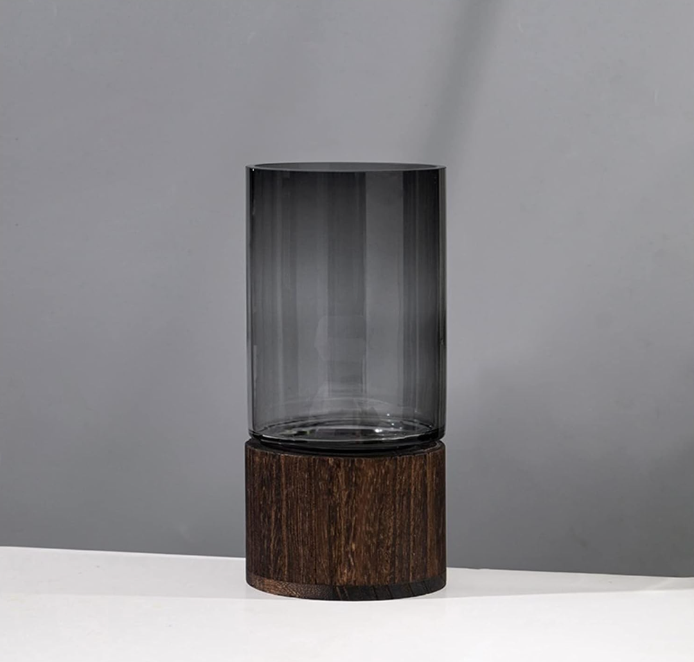 Light Luxury Glass Vase with Wooden Base – Transparent Decorative Vase