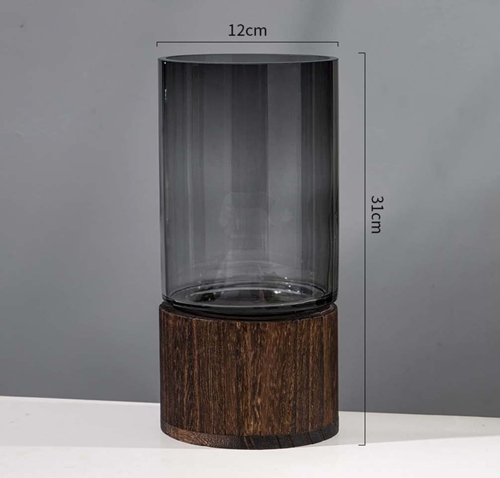 Light Luxury Glass Vase with Wooden Base – Transparent Decorative Vase