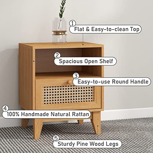 Bohemian Rattan Nightstand Set of 2 - Natural Rattan End Tables with Drawer & Open Shelf for Bedroom and Living Room Décor