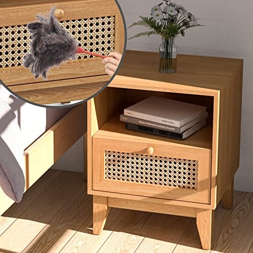 Bohemian Rattan Nightstand Set of 2 - Natural Rattan End Tables with Drawer & Open Shelf for Bedroom and Living Room Décor