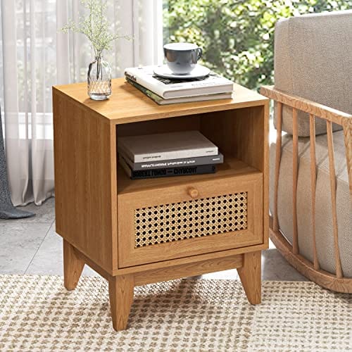Bohemian Rattan Nightstand Set of 2 - Natural Rattan End Tables with Drawer & Open Shelf for Bedroom and Living Room Décor