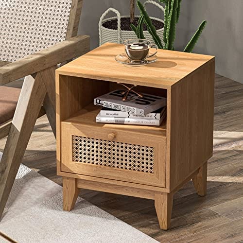 Bohemian Rattan Nightstand Set of 2 - Natural Rattan End Tables with Drawer & Open Shelf for Bedroom and Living Room Décor