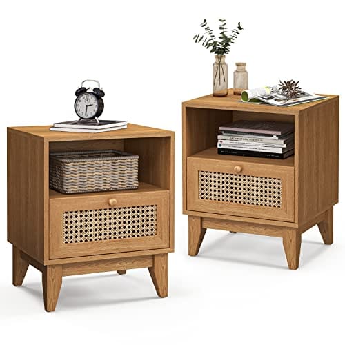 Bohemian Rattan Nightstand Set of 2 - Natural Rattan End Tables with Drawer & Open Shelf for Bedroom and Living Room Décor