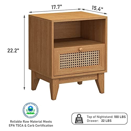 Bohemian Rattan Nightstand Set of 2 - Natural Rattan End Tables with Drawer & Open Shelf for Bedroom and Living Room Décor