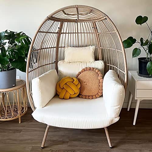 Boho Egg Chair Wicker Outdoor Indoor, Oversized Lounger with 370lbs Capacity Large Egg Chairs with Stand Cushion Egg Basket Chair for Patio, Balcony, Bedroom - Beige