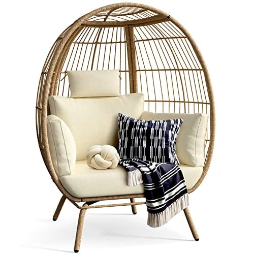 Boho Egg Chair Wicker Outdoor Indoor, Oversized Lounger with 370lbs Capacity Large Egg Chairs with Stand Cushion Egg Basket Chair for Patio, Balcony, Bedroom - Beige