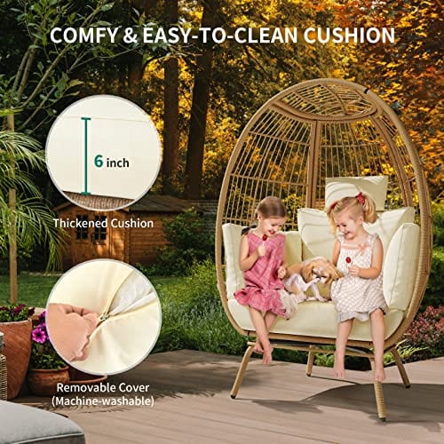 Boho Egg Chair Wicker Outdoor Indoor, Oversized Lounger with 370lbs Capacity Large Egg Chairs with Stand Cushion Egg Basket Chair for Patio, Balcony, Bedroom - Beige