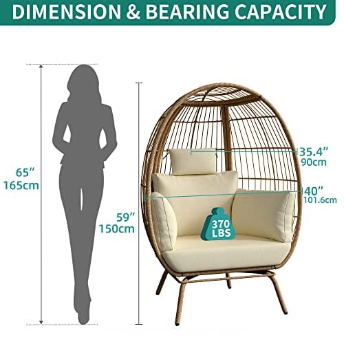 Boho Egg Chair Wicker Outdoor Indoor, Oversized Lounger with 370lbs Capacity Large Egg Chairs with Stand Cushion Egg Basket Chair for Patio, Balcony, Bedroom - Beige