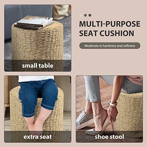 Handwoven Seagrass Pouf Ottoman with Solid Wood Frame for Living Room, Bedroom - Boho Footstool and Decorative Seat