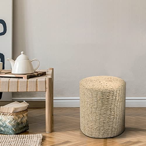 Handwoven Seagrass Pouf Ottoman with Solid Wood Frame for Living Room, Bedroom - Boho Footstool and Decorative Seat