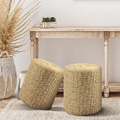 Handwoven Seagrass Pouf Ottoman with Solid Wood Frame for Living Room, Bedroom - Boho Footstool and Decorative Seat