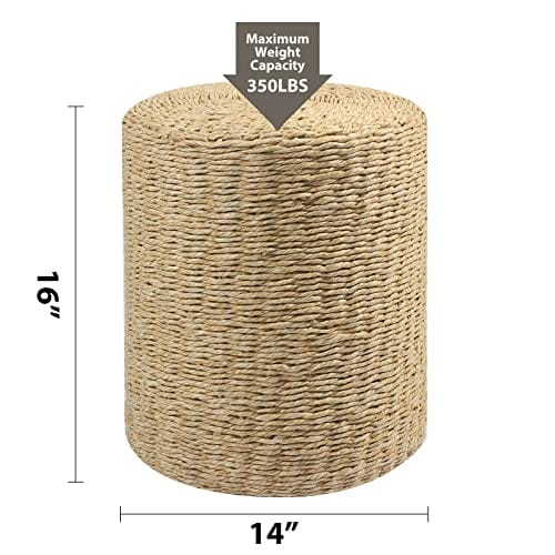 Handwoven Seagrass Pouf Ottoman with Solid Wood Frame for Living Room, Bedroom - Boho Footstool and Decorative Seat