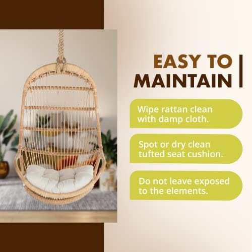 Hanging Rattan Swing Chair with Seat Cushion - Handwoven Natural Rattan for Coastal Home Decor