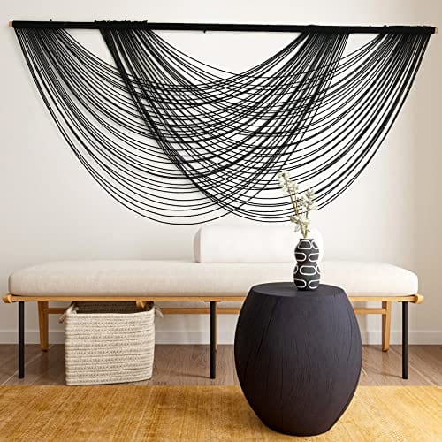 Large Black Macrame Wall Hanging - Boho Yarn Tapestry for Living Room and Bedroom Decor - 59" W x 27" L