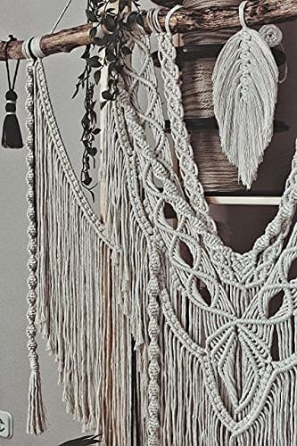 Large Handmade Macrame Wall Decor with Feathers - Boho Bohemian Interior Style - Premium Quality Eco Cotton - 49.2" x 55.5
