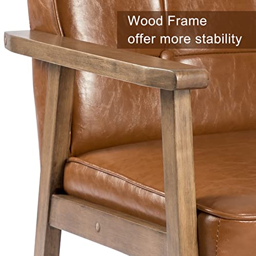 Modern Accent Chair, Nordic Minimalist Wood Leather Armchairs Side Chair, Lounge Reading Comfy Arm Chair for Living Room, Bedroom, Office (Brown)