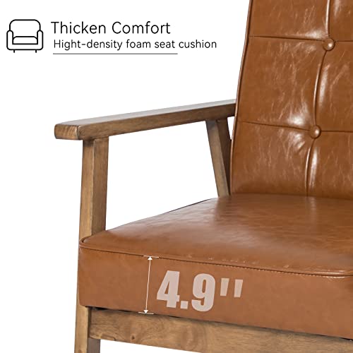 Modern Accent Chair, Nordic Minimalist Wood Leather Armchairs Side Chair, Lounge Reading Comfy Arm Chair for Living Room, Bedroom, Office (Brown)