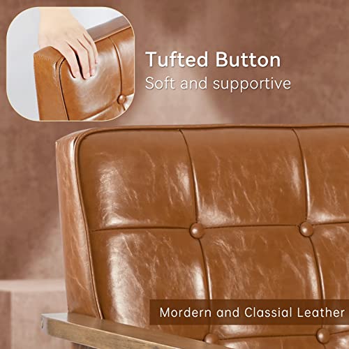 Modern Accent Chair, Nordic Minimalist Wood Leather Armchairs Side Chair, Lounge Reading Comfy Arm Chair for Living Room, Bedroom, Office (Brown)