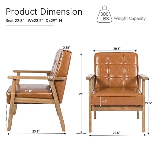 Modern Accent Chair, Nordic Minimalist Wood Leather Armchairs Side Chair, Lounge Reading Comfy Arm Chair for Living Room, Bedroom, Office (Brown)