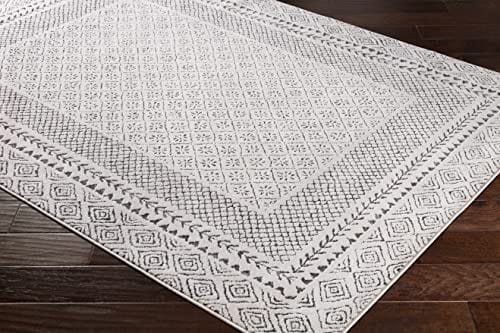 Modern Boho Area Rug – 7'10"x10'3", Gray/Ivory/Charcoal/Beige/Cream, Bordered Design, Plush and Durable, Ideal for Living Room, Bedroom, and Dining Room