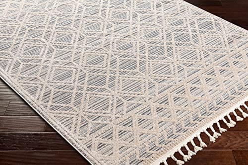 Molde Moroccan Farmhouse Living Room Bedroom Area Rug with Tassel - High Low Carpet - Tribal Boho Style - Southwestern Geometric Pattern - Beige, Cream 7'10" x 10