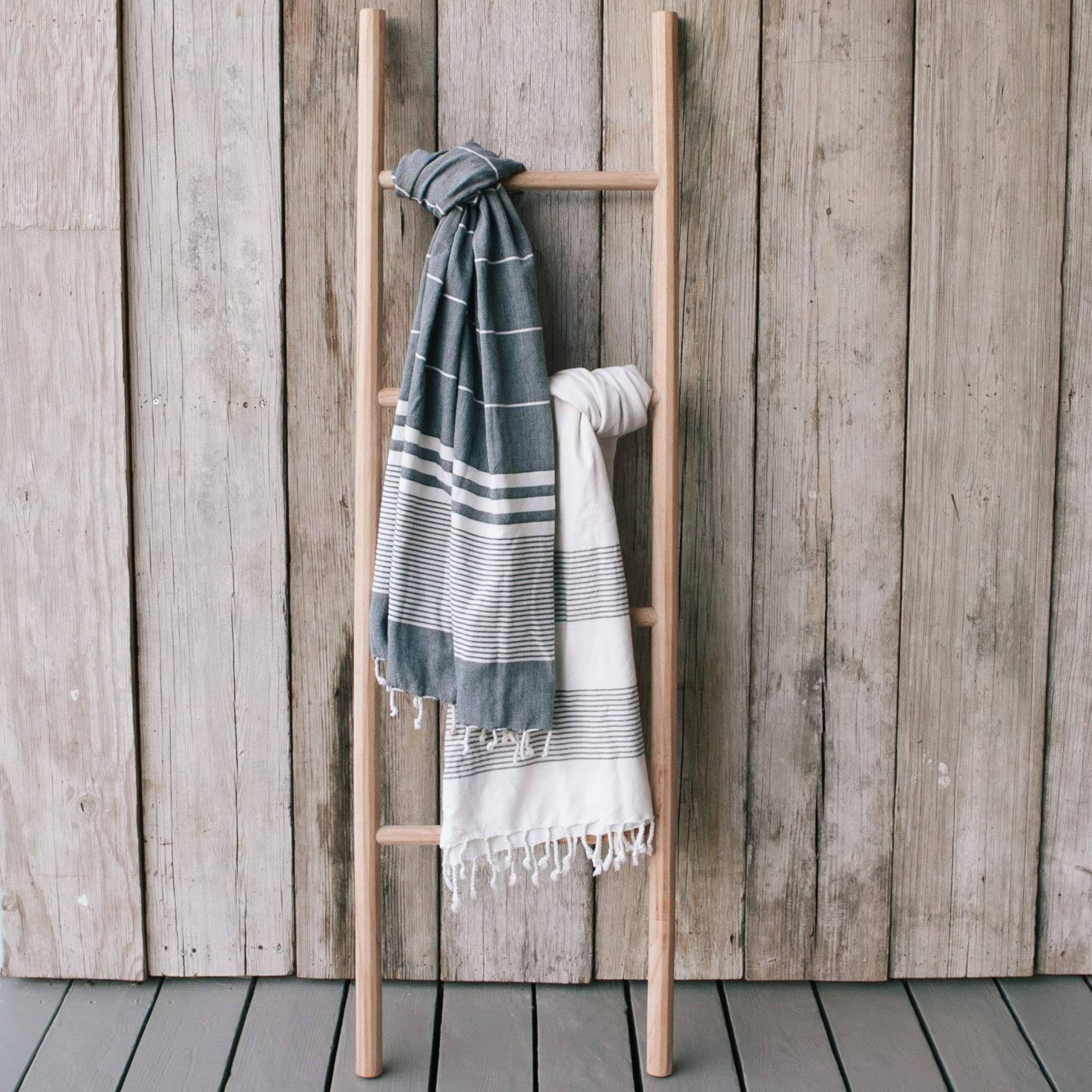 Natural 5ft Handmade Wooden Ladder Shelf - Versatile Boho Decor for Bathroom, Towel Rack, or Blanket Holder