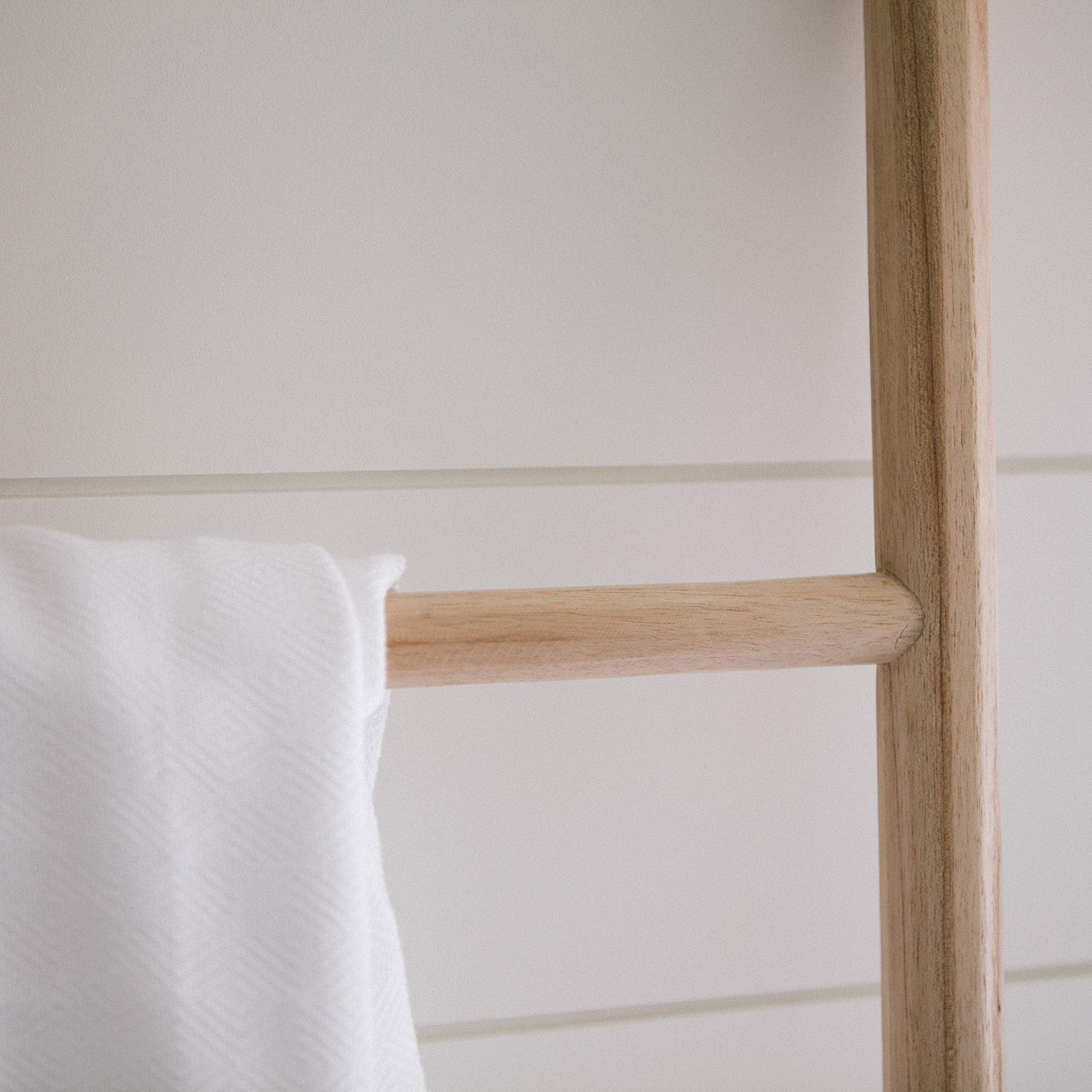 Natural 5ft Handmade Wooden Ladder Shelf - Versatile Boho Decor for Bathroom, Towel Rack, or Blanket Holder