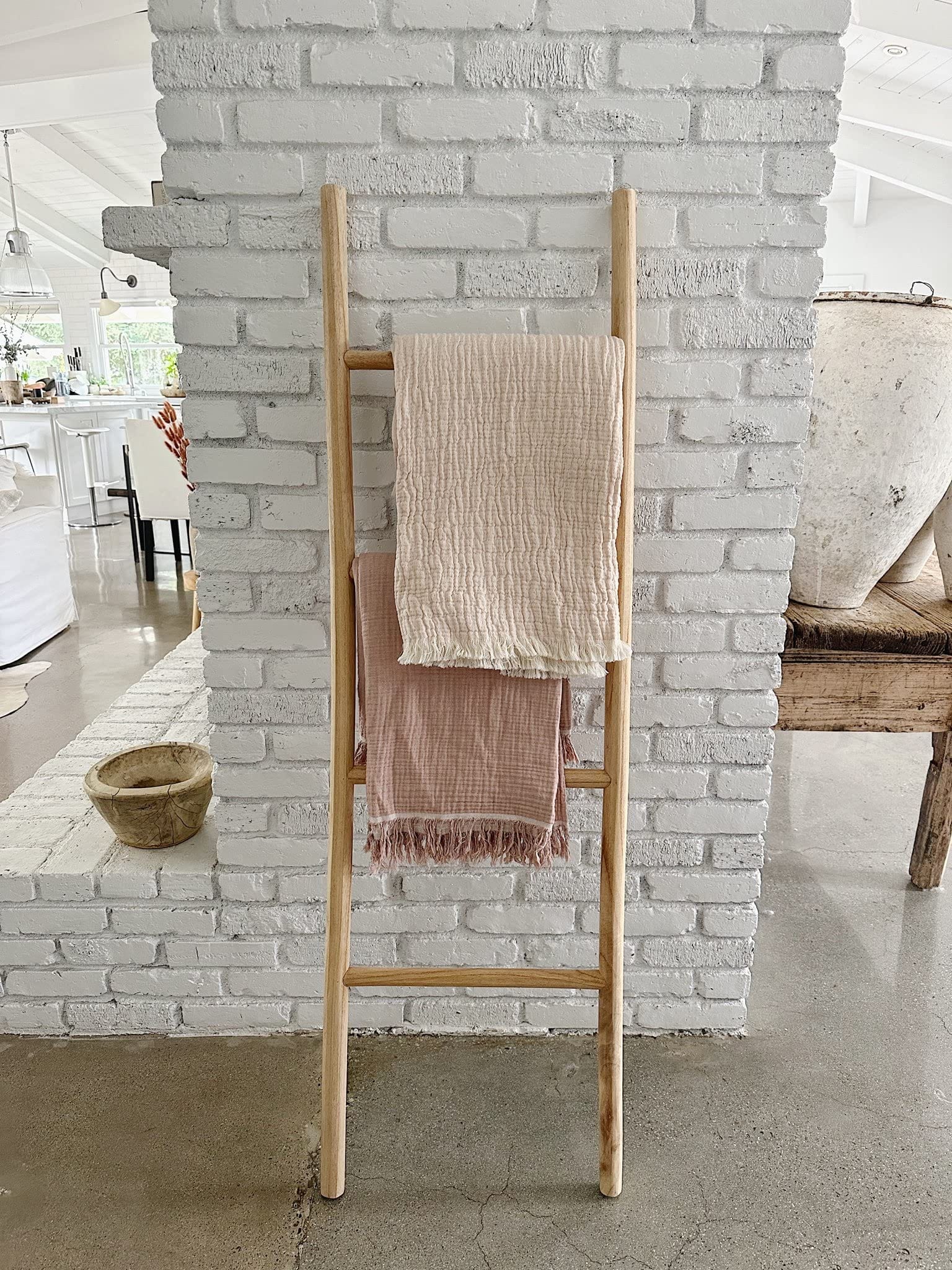 Natural 5ft Handmade Wooden Ladder Shelf - Versatile Boho Decor for Bathroom, Towel Rack, or Blanket Holder