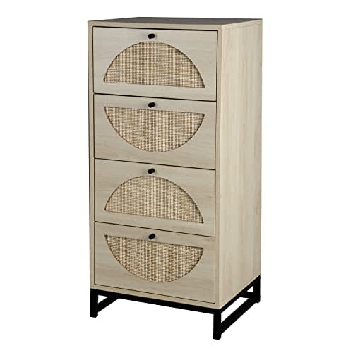 Natural Rattan Storage Cabinet with 4 Drawers - Warm White Wood Grain Color - for Living Room, Bedroom