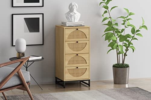 Natural Rattan Storage Cabinet with 4 Drawers - Warm White Wood Grain Color - for Living Room, Bedroom