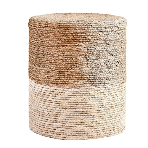 Ottoman Poof, Natural Seagrass Poufs, Hand Weave Round Footstool, Pouffe Accent Chair, Sitting Braided Footrest W/Jute Cover, Home Decorative Seat, Boho Chair for Living Room, Bedroom, White