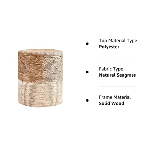 Ottoman Poof, Natural Seagrass Poufs, Hand Weave Round Footstool, Pouffe Accent Chair, Sitting Braided Footrest W/Jute Cover, Home Decorative Seat, Boho Chair for Living Room, Bedroom, White