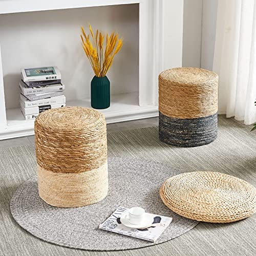 Ottoman Poof, Natural Seagrass Poufs, Hand Weave Round Footstool, Pouffe Accent Chair, Sitting Braided Footrest W/Jute Cover, Home Decorative Seat, Boho Chair for Living Room, Bedroom, White