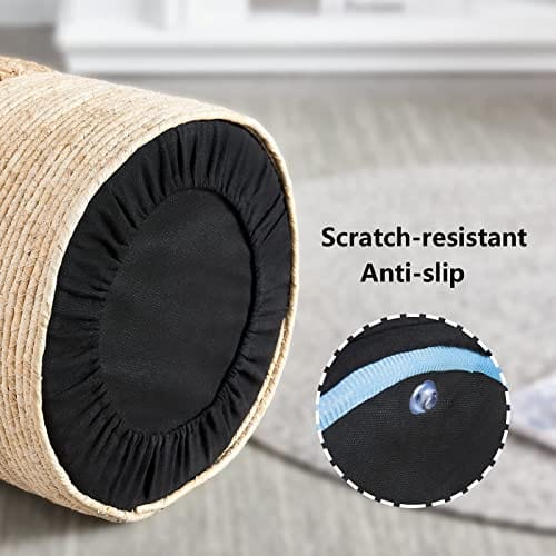 Ottoman Poof, Natural Seagrass Poufs, Hand Weave Round Footstool, Pouffe Accent Chair, Sitting Braided Footrest W/Jute Cover, Home Decorative Seat, Boho Chair for Living Room, Bedroom, White