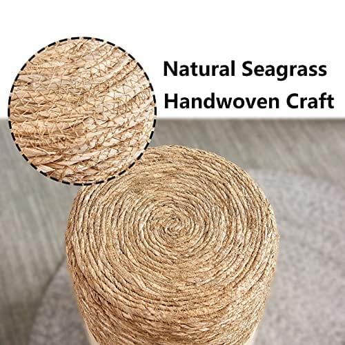 Ottoman Poof, Natural Seagrass Poufs, Hand Weave Round Footstool, Pouffe Accent Chair, Sitting Braided Footrest W/Jute Cover, Home Decorative Seat, Boho Chair for Living Room, Bedroom, White