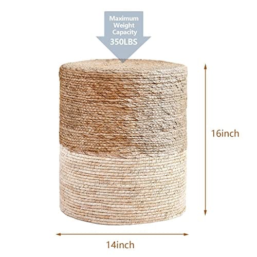 Ottoman Poof, Natural Seagrass Poufs, Hand Weave Round Footstool, Pouffe Accent Chair, Sitting Braided Footrest W/Jute Cover, Home Decorative Seat, Boho Chair for Living Room, Bedroom, White