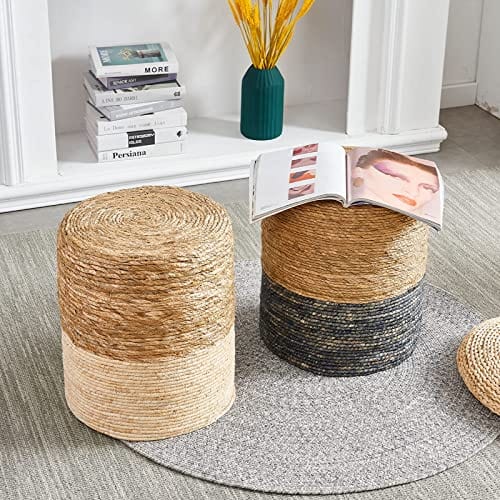 Ottoman Poof, Natural Seagrass Poufs, Hand Weave Round Footstool, Pouffe Accent Chair, Sitting Braided Footrest W/Jute Cover, Home Decorative Seat, Boho Chair for Living Room, Bedroom, White