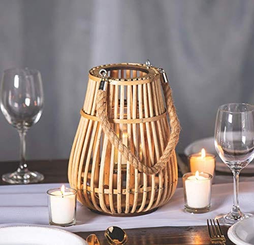 Rattan Natural Lantern with Handle - Rustic Home and Wedding Decor - 7.5" Diameter, Brown