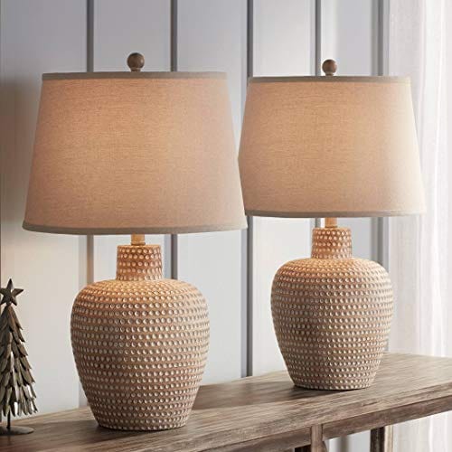 Rustic Oatmeal Pot Table Lamps 27" Tall Set of 2 Dappled Sandy Beige Oatmeal Fabric Drum Shades for Living Room Bedroom House Bedside Nightstand Home Office