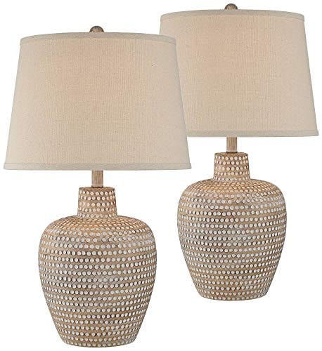 Rustic Oatmeal Pot Table Lamps 27" Tall Set of 2 Dappled Sandy Beige Oatmeal Fabric Drum Shades for Living Room Bedroom House Bedside Nightstand Home Office