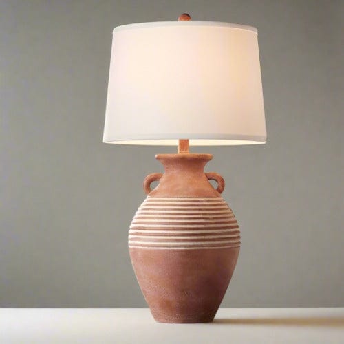 Rustic Red Brown Sandstone Jug Table Lamp - Southwestern Style Decor for Living Room, Bedroom, and More - Linen Drum Shade & On-Off Switch