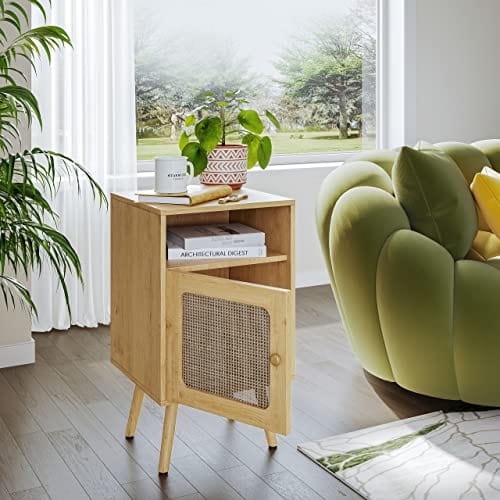 Set of 2 Boho Rattan Nightstand with Drawers - Modern Bedside Table with Ample Storage - Natural Rattan Finish