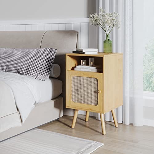 Set of 2 Boho Rattan Nightstand with Drawers - Modern Bedside Table with Ample Storage - Natural Rattan Finish