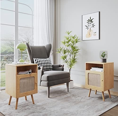 Set of 2 Boho Rattan Nightstand with Drawers - Modern Bedside Table with Ample Storage - Natural Rattan Finish