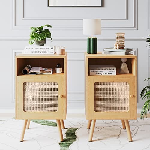 Set of 2 Boho Rattan Nightstand with Drawers - Modern Bedside Table with Ample Storage - Natural Rattan Finish