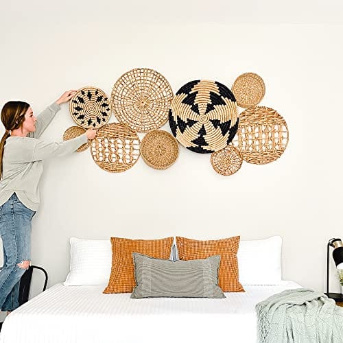 Set of 3 Woven Wall Basket Decor - Hanging Seagrass Flat Baskets, Boho Natural Wall Art for Living Room or Bedroom, Unique and Chic Decor