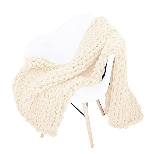 Soft and Cozy Chunky Knit Chenille Throw Blanket - Boho Home Decor - Beige 32x32