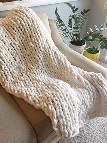 Soft and Cozy Chunky Knit Chenille Throw Blanket - Boho Home Decor - Beige 32x32
