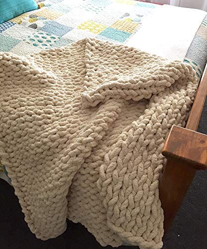 Soft and Cozy Chunky Knit Chenille Throw Blanket - Boho Home Decor - Beige 32x32